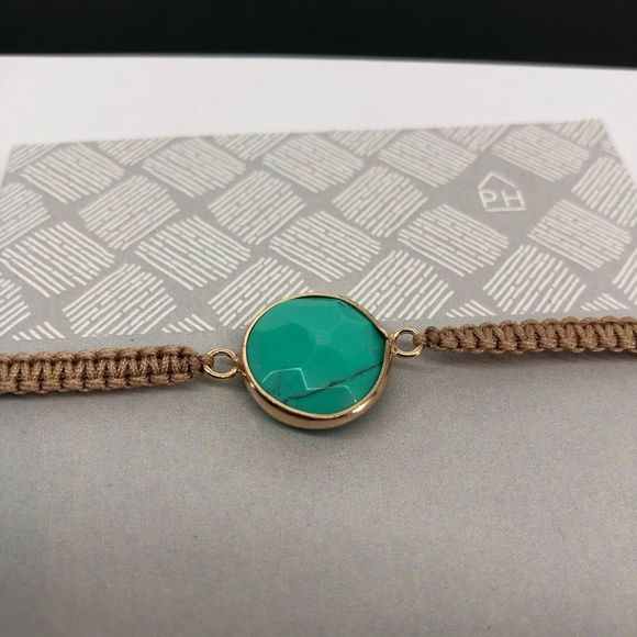 Turquoise Look Stone Braided Pull Bracelet Gold Tone - Picture 2 of 4